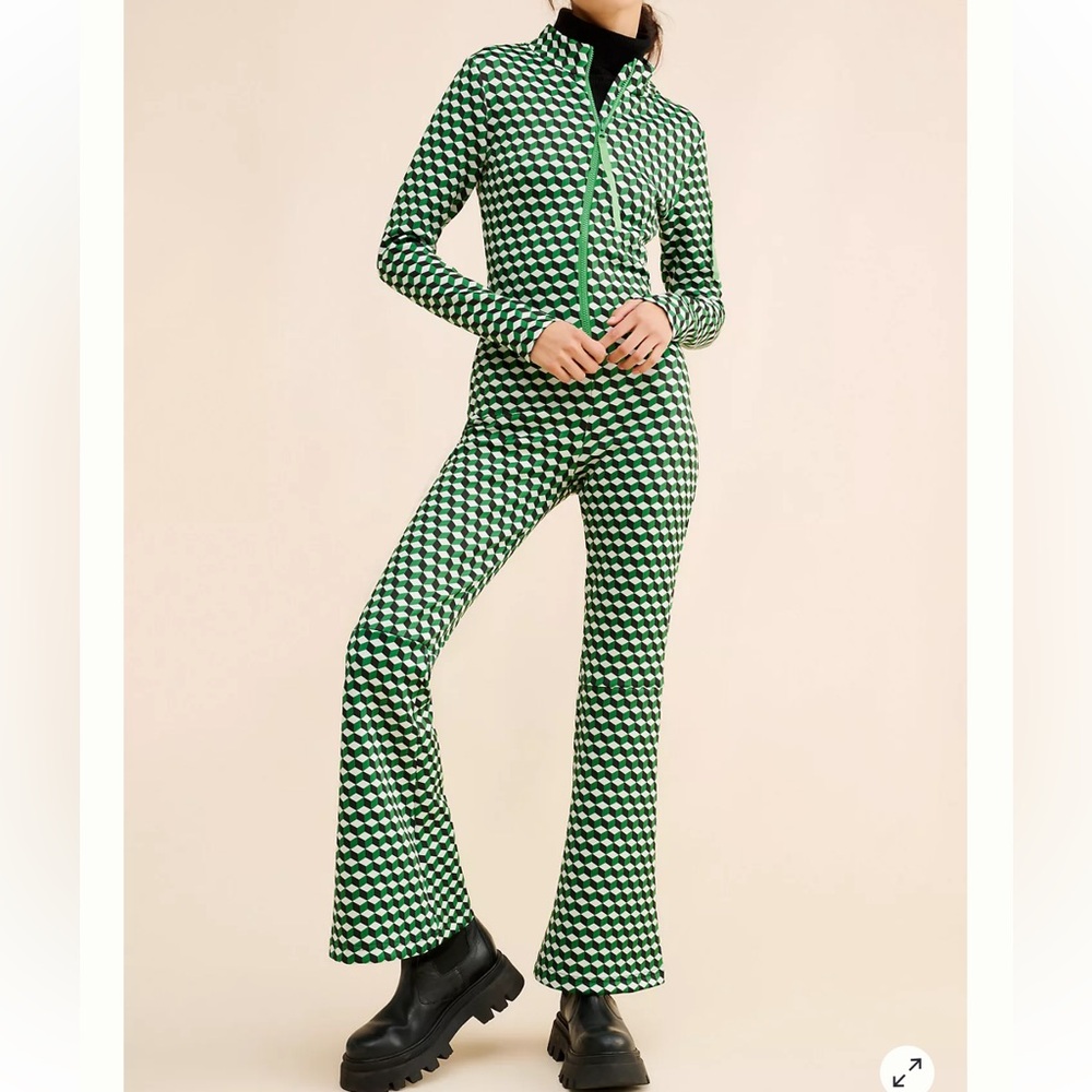 Cynthia Rowley Green & White Geometric Wide-Leg Jumpsuit